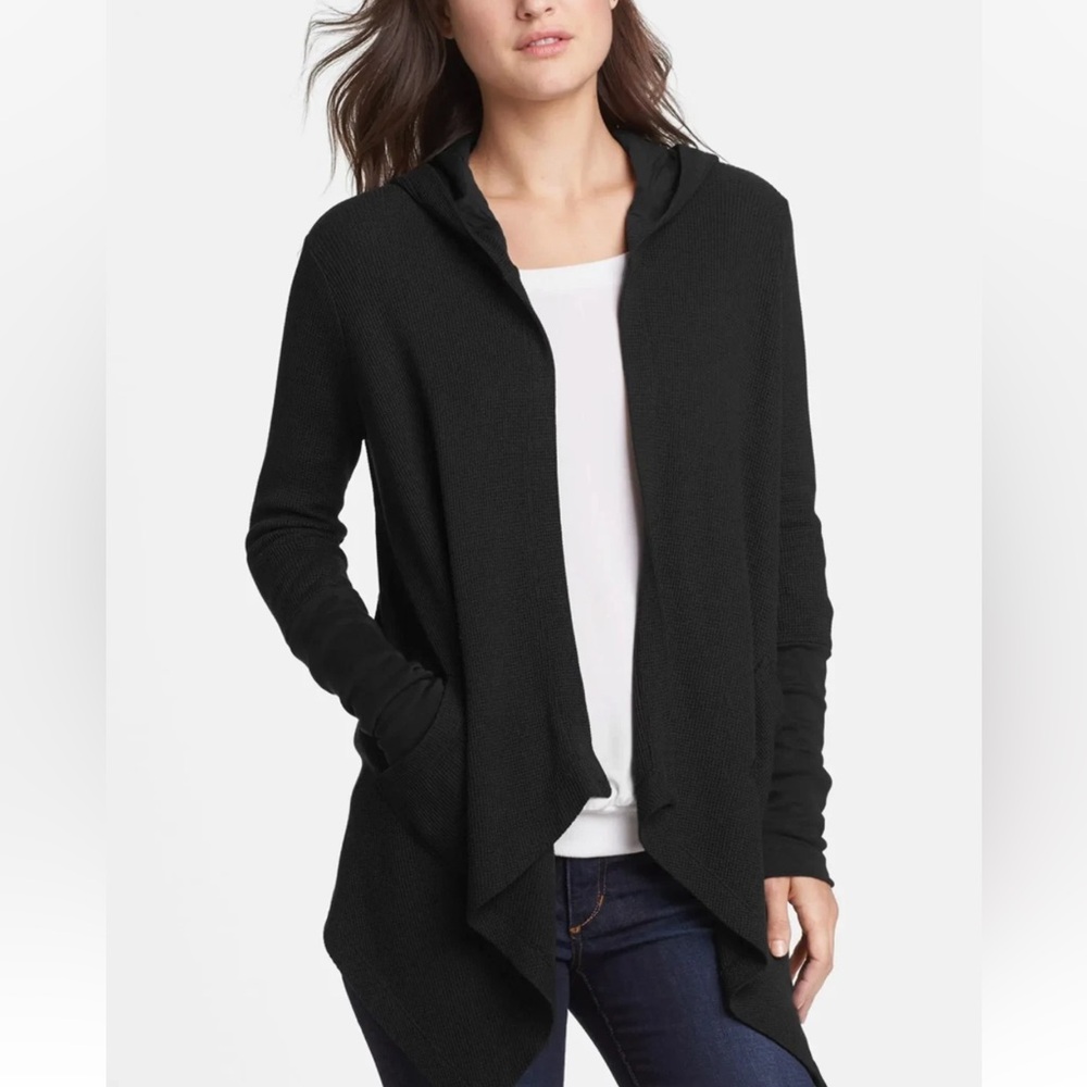 Splendid Thermal Wrap Hooded Cardigan Waffle Knit Open Front Pkts, Black, L